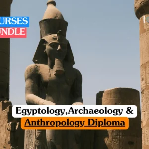 Theoretical ancient history and anthropology training banner featuring a large, weathered stone statue of an Egyptian pharaoh seated amidst the towering carved columns of an ancient temple complex.