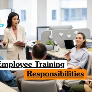 Corporate leadership training banner featuring a female professional in a beige suit leading a "Conversation workshop" for a diverse group of employees in a modern, open-plan office setting.