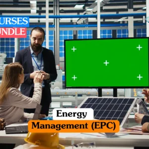 Theoretical sustainability and renewable energy training banner featuring a professional man in a suit standing before a large green screen monitor during a boardroom presentation with colleagues and a solar panel model on the table.