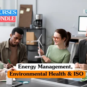 Environmental sustainability training banner featuring a female professional in a bright office standing in front of a digital screen displaying global energy consumption and sustainability metrics.
