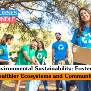 Environmental sustainability training banner featuring a group of smiling volunteers in blue and green t-shirts with recycling symbols participating in a community cleanup in a wooded area.