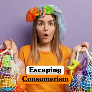 Theoretical sociology and sustainable living training banner featuring a person expressing surprise while holding mesh bags filled with plastic waste and wearing a plastic headpiece, symbolizing the study of consumer habits and environmental impact.