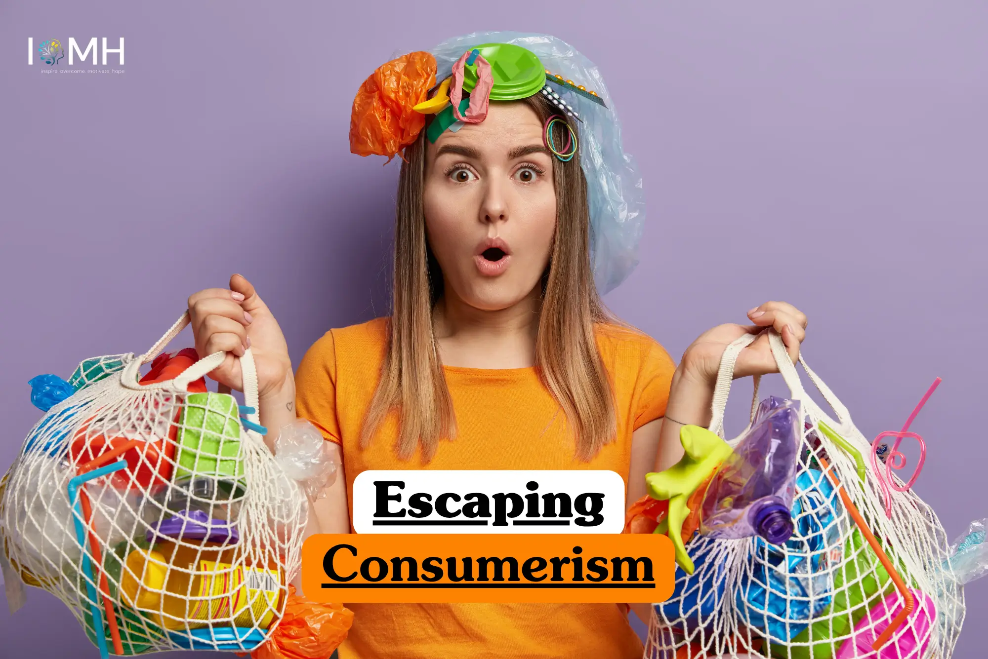 Theoretical sociology and sustainable living training banner featuring a person expressing surprise while holding mesh bags filled with plastic waste and wearing a plastic headpiece, symbolizing the study of consumer habits and environmental impact.