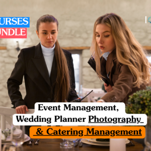 Event management training banner featuring two professional female planners in blazers meticulously arranging a formal dinner table with crystal glassware and floral centerpieces in a rustic stone-walled venue.
