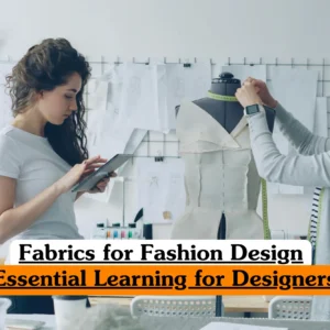 Theoretical fashion design and textile science training banner featuring two professional designers in a bright studio, with one utilizing a digital tablet while the other adjusts draped fabric on a mannequin.