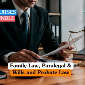 Legal and paralegal training banner featuring a professional woman in a light blue shirt and a male colleague in a white shirt and tie sitting at a wooden desk with a laptop and legal documents.