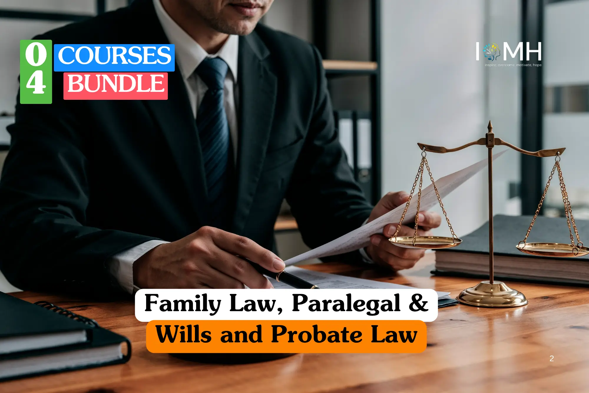 Legal and paralegal training banner featuring a professional woman in a light blue shirt and a male colleague in a white shirt and tie sitting at a wooden desk with a laptop and legal documents.