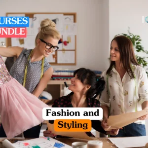 Theoretical fashion design and professional styling training banner featuring three female stylists in a bright studio, reviewing fabric sketches and holding a pink sequined dress near a mood board.