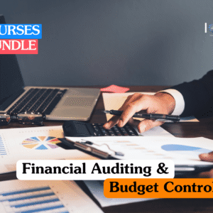Accounting and finance training banner showing a professional in a dark suit working at a desk with a laptop and calculator, meticulously reviewing financial charts, pie graphs, and audit documents.