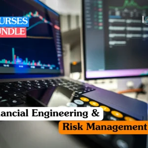 Financial engineering training banner featuring a professional in a dark suit analyzing complex digital data visualizations and global financial growth charts on a large screen in a modern office.