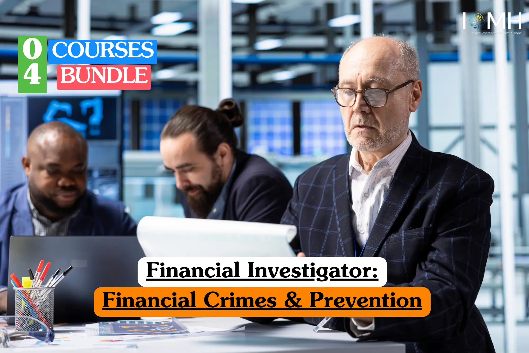Theoretical forensic accounting and criminal justice training banner featuring a senior financial investigator in a suit reviewing documents alongside colleagues in a high-tech data office, representing the study of financial fraud detection and prevention strategies.