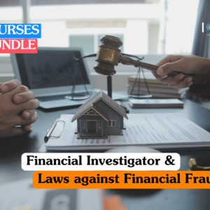 Financial investigator training banner featuring a legal professional holding a wooden gavel over a small model house and signed contracts, representing property law and fraud prevention.