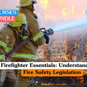 Firefighter training banner featuring two professionals in full yellow protective gear and helmets operating a high-pressure water hose to extinguish a large structural fire.