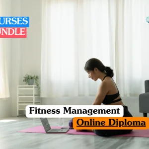 Theoretical health and wellness business management training banner featuring a female professional in black athletic wear sitting on a pink yoga mat and focused on her laptop in a bright, modern studio.