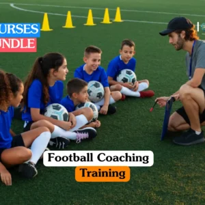 Theoretical sports science and athletic leadership training banner featuring a male coach in a black cap and grey t-shirt holding a blue clipboard while instructing five young players in blue jerseys seated on a green football field with yellow practice cones.