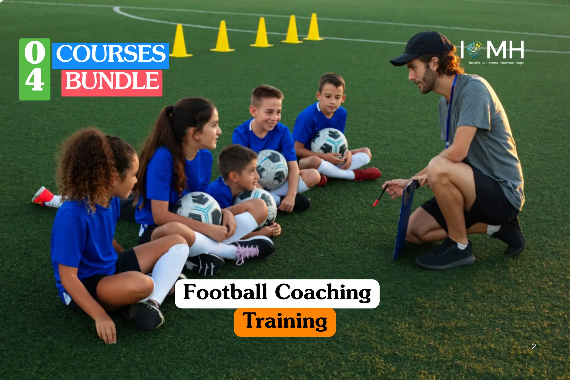 Theoretical sports science and athletic leadership training banner featuring a male coach in a black cap and grey t-shirt holding a blue clipboard while instructing five young players in blue jerseys seated on a green football field with yellow practice cones.