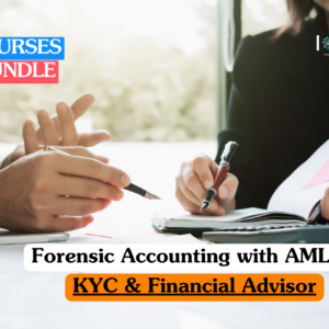 Forensic accounting training bundle banner featuring a close-up of two professionals in business suits discussing financial data over an open notebook and calculator at a white desk.