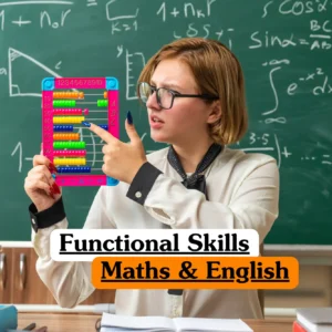 Educational and academic skills training banner featuring a female student in a white blouse and glasses holding a colorful abacus in front of a chalkboard covered in complex mathematical formulas.