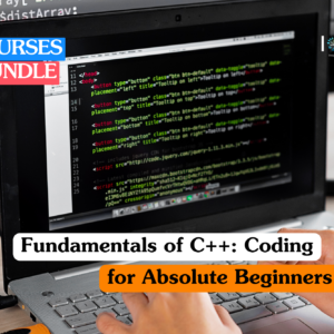 Fundamentals of C++ coding training banner featuring a person's hands typing on a laptop keyboard with lines of code visible on the screen in a modern office environment.