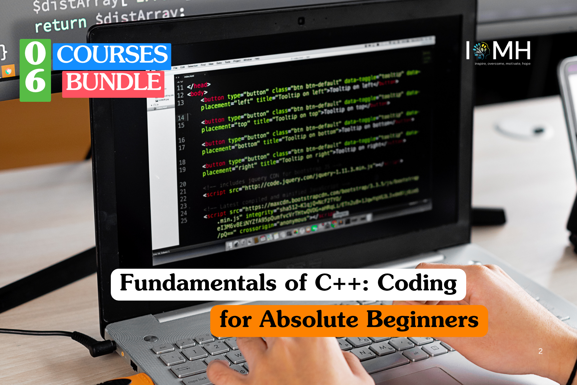 Fundamentals of C++ coding training banner featuring a person's hands typing on a laptop keyboard with lines of code visible on the screen in a modern office environment.