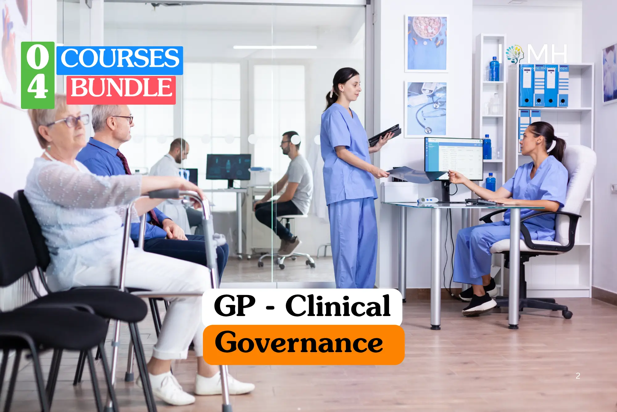 Theoretical healthcare management and patient safety training banner featuring a modern GP surgery waiting room where a nurse in blue scrubs reviews a medical chart while patients wait in a bright, professional clinical environment.