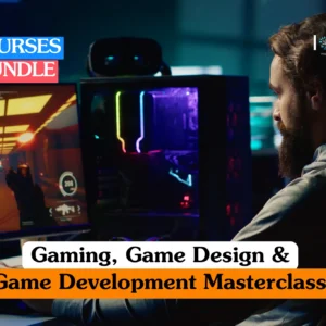 Theoretical software engineering and digital entertainment training banner featuring a bearded male developer in a dimly lit room focused on a large dual-monitor setup displaying a first-person shooter game environment and complex coding interfaces.