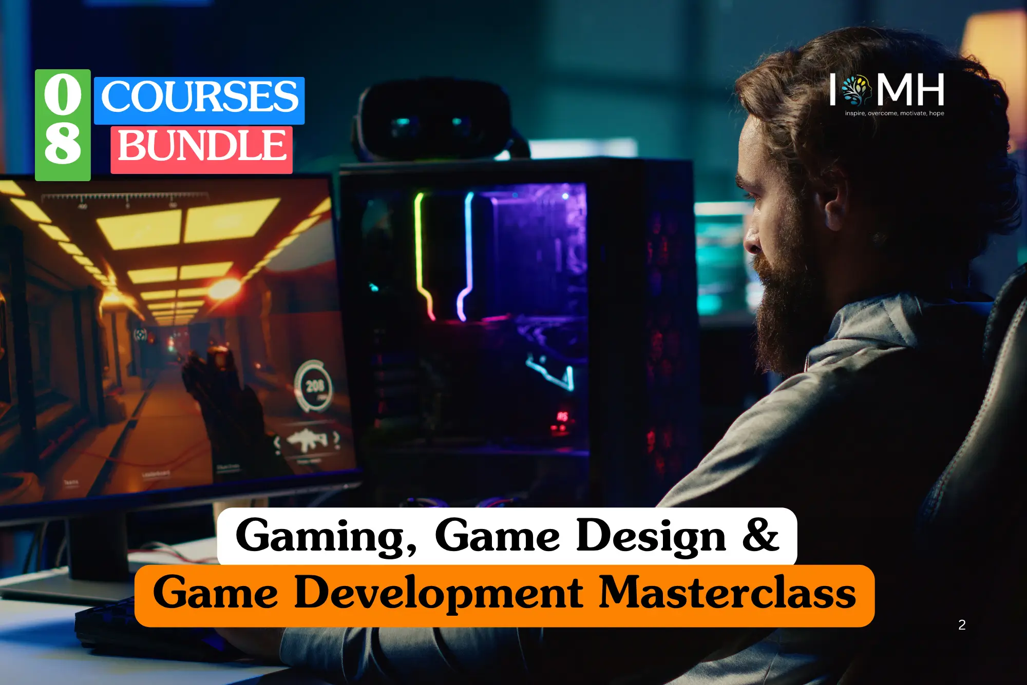 Theoretical software engineering and digital entertainment training banner featuring a bearded male developer in a dimly lit room focused on a large dual-monitor setup displaying a first-person shooter game environment and complex coding interfaces.