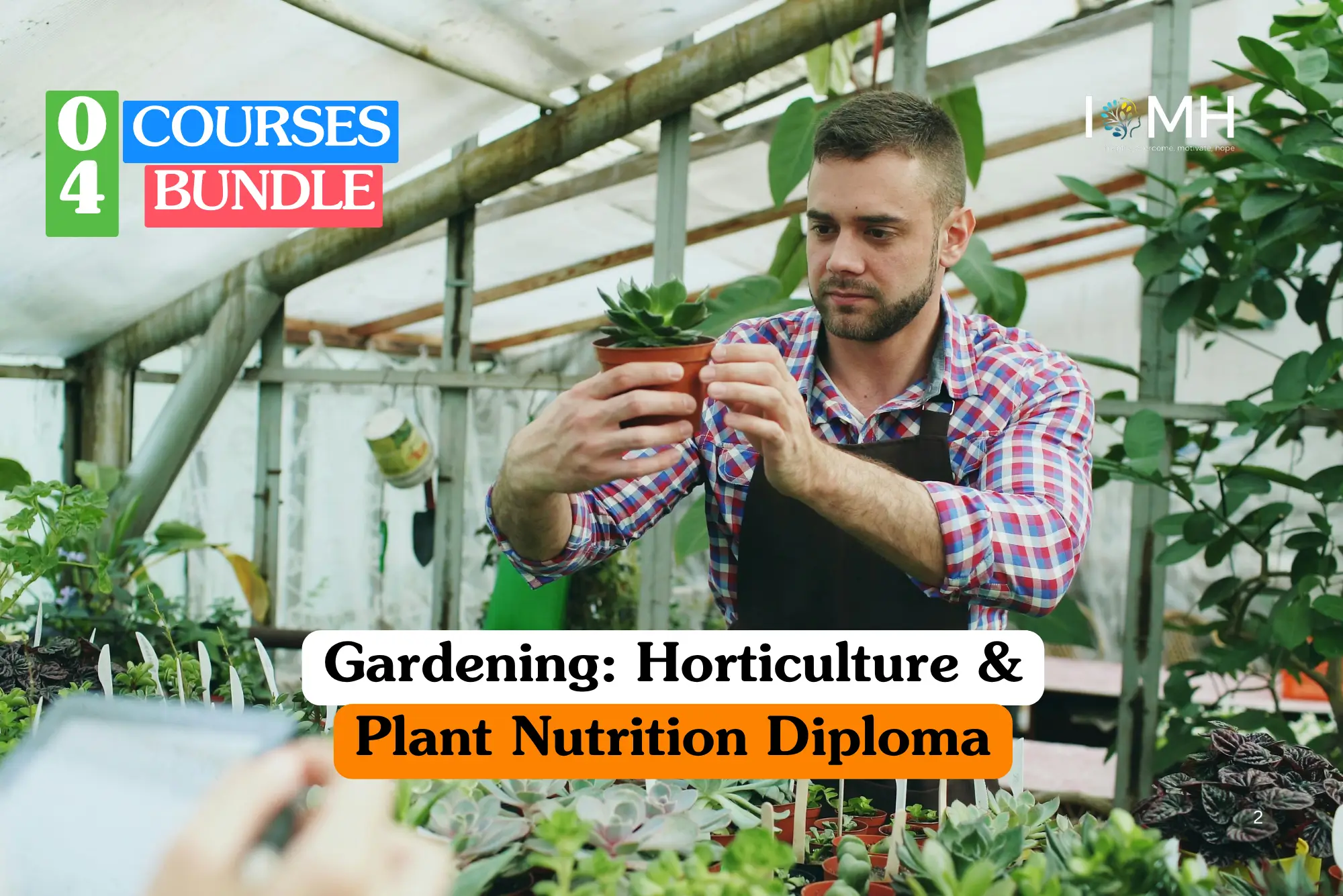 Theoretical botanical science and urban agriculture training banner featuring a male horticulturalist in a plaid shirt and apron carefully inspecting a potted succulent within a bright, professional glasshouse.