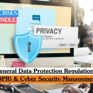 Theoretical information security and legal compliance training banner featuring a digital privacy shield icon overlaid on a computer monitor with a login interface, representing the study of data protection regulations, encryption protocols, and organizational cyber risk management.