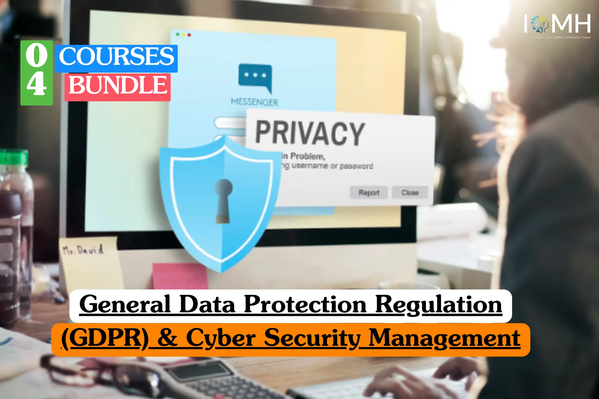 Theoretical information security and legal compliance training banner featuring a digital privacy shield icon overlaid on a computer monitor with a login interface, representing the study of data protection regulations, encryption protocols, and organizational cyber risk management.