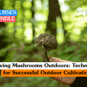 Mushroom cultivation training banner featuring a close-up of a hand holding a freshly harvested mushroom against a blurred green forest background, illustrating outdoor growing techniques.