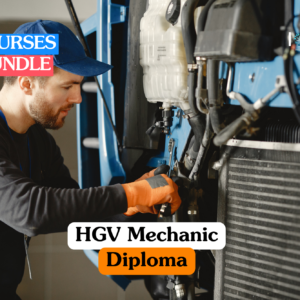 Theoretical heavy goods vehicle maintenance and automotive engineering training banner featuring a male mechanic in a blue cap and orange gloves inspecting the engine components of a large blue truck.