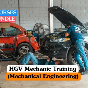 Theoretical heavy goods vehicle maintenance and mechanical engineering training banner featuring a technician in a blue shirt and jeans working under the hood of a black sedan in a professional garage alongside an orange classic car.