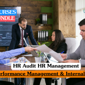 HR audit training banner featuring four business professionals in an office discussing reports and digital data on tablets during a performance management meeting.