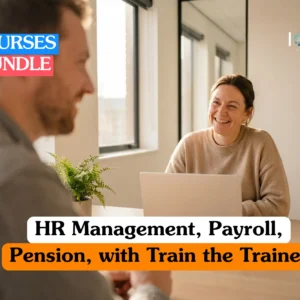 Theoretical human resources and corporate training banner featuring a smiling female professional in a beige sweater conducting a consultation or interview with a colleague in a bright, modern office.