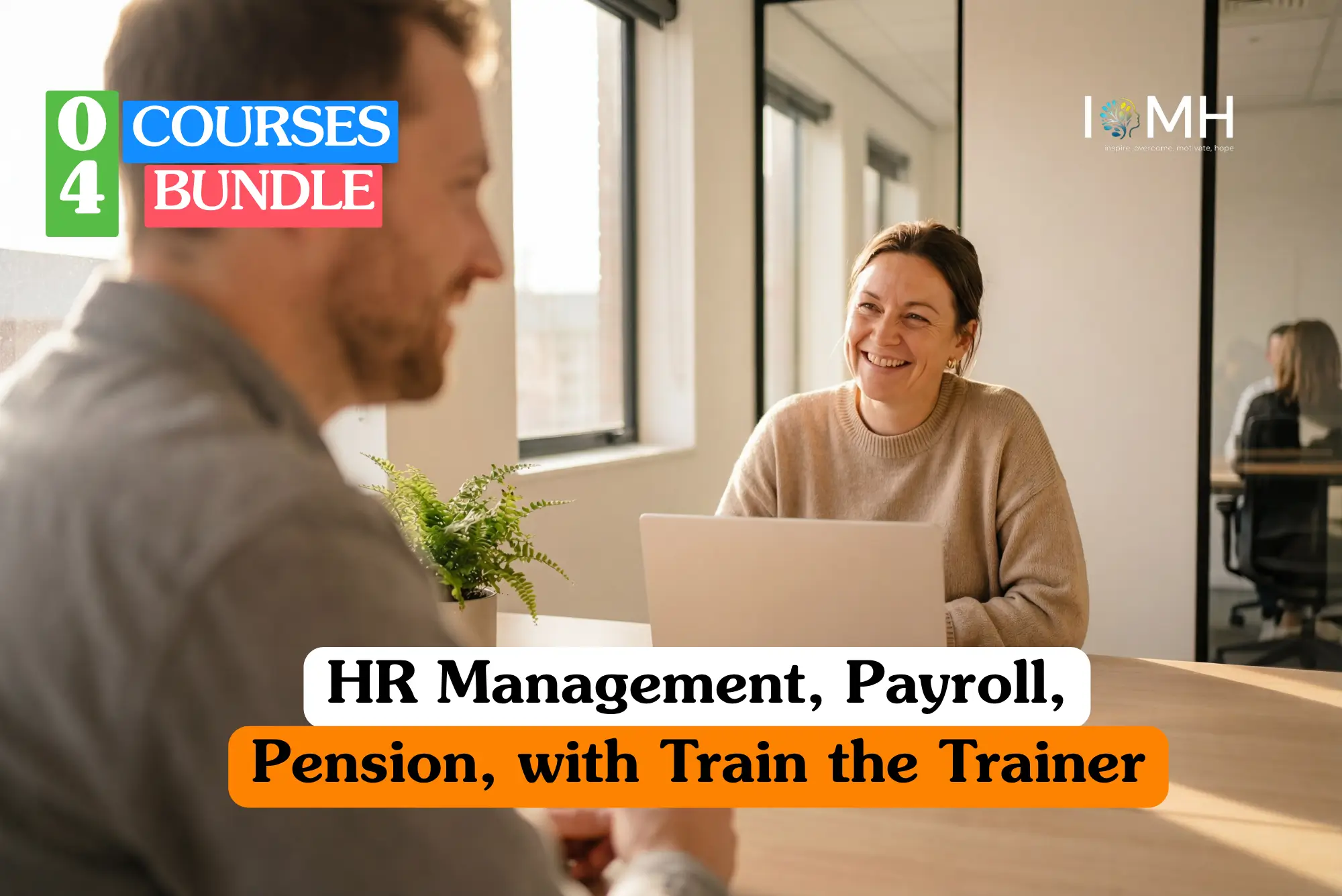 Theoretical human resources and corporate training banner featuring a smiling female professional in a beige sweater conducting a consultation or interview with a colleague in a bright, modern office.