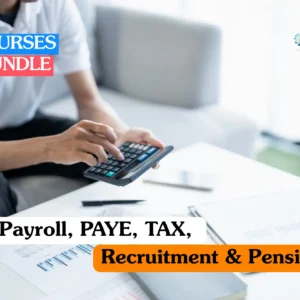 Professional HR and finance training banner showing a person's hands using a calculator at a desk covered in financial reports, charts, and pension planning documents.