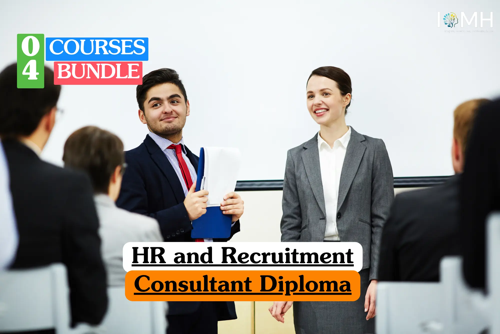 Theoretical human resources and professional recruitment training banner featuring a male and female consultant in business attire delivering a presentation to a corporate audience, representing the study of talent acquisition, employee relations, and HR consultancy frameworks.