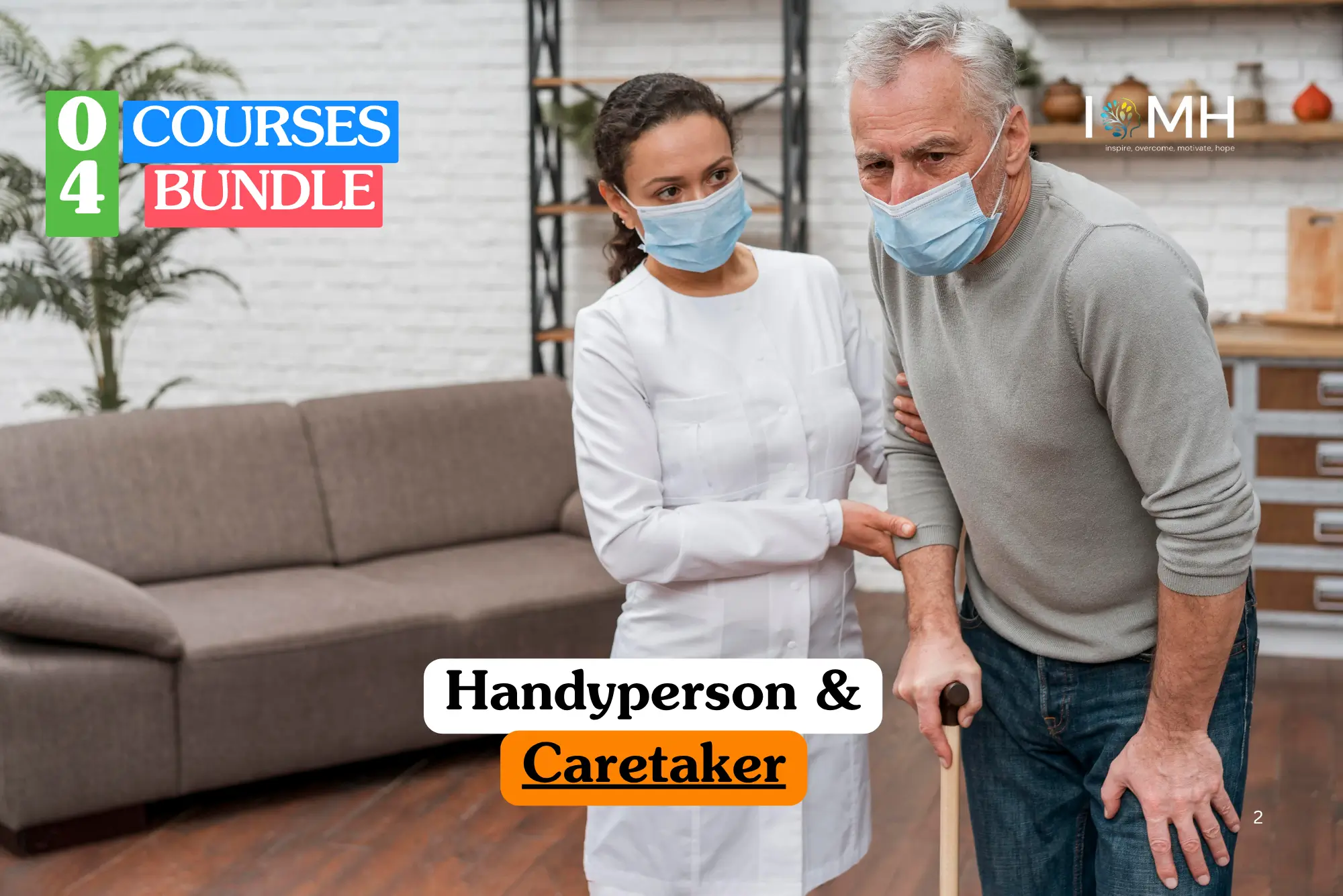 Theoretical building maintenance and facility management training banner featuring a professional male caretaker in a navy blue shirt holding a red toolbox and a silver power drill in a well-lit residential hallway.