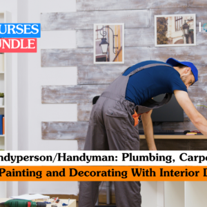 Handyperson training banner featuring a professional in a grey shirt and black work trousers using a cordless power drill on a wooden furniture project in a bright, modern workshop.