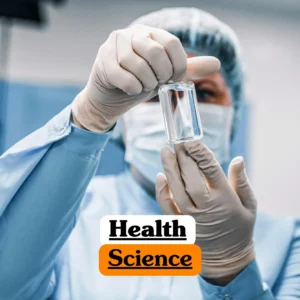Theoretical healthcare and medical science training banner featuring a female medical professional in blue scrubs holding a digital tablet, set against a background of clinical laboratory equipment, representing the study of health systems and biomedical research.