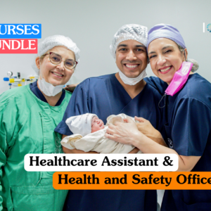 Healthcare assistant training banner featuring a professional female nurse in a light blue tunic providing compassionate care and monitoring the health of a senior male patient in a clinical setting.
