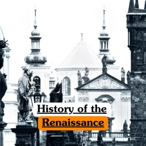 Theoretical history and art appreciation training banner featuring classical European architecture, stone statues of religious figures, and domed cathedrals in a monochrome urban landscape.
