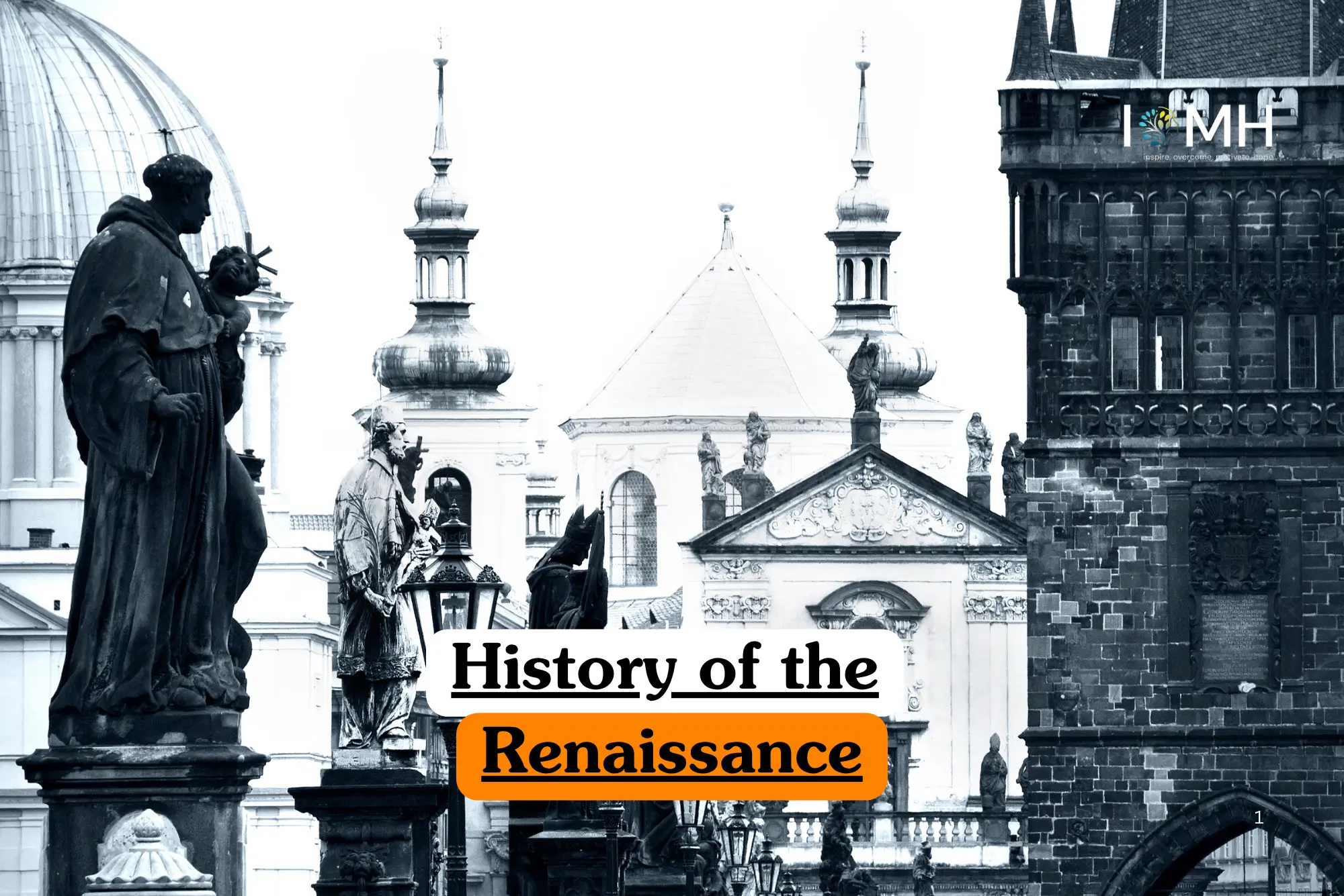 Theoretical history and art appreciation training banner featuring classical European architecture, stone statues of religious figures, and domed cathedrals in a monochrome urban landscape.