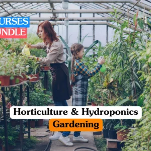 Theoretical botanical science and sustainable cultivation training banner featuring two individuals—an adult woman and a young girl—attentively watering and misting diverse green plants within a large, sunlit glass greenhouse.