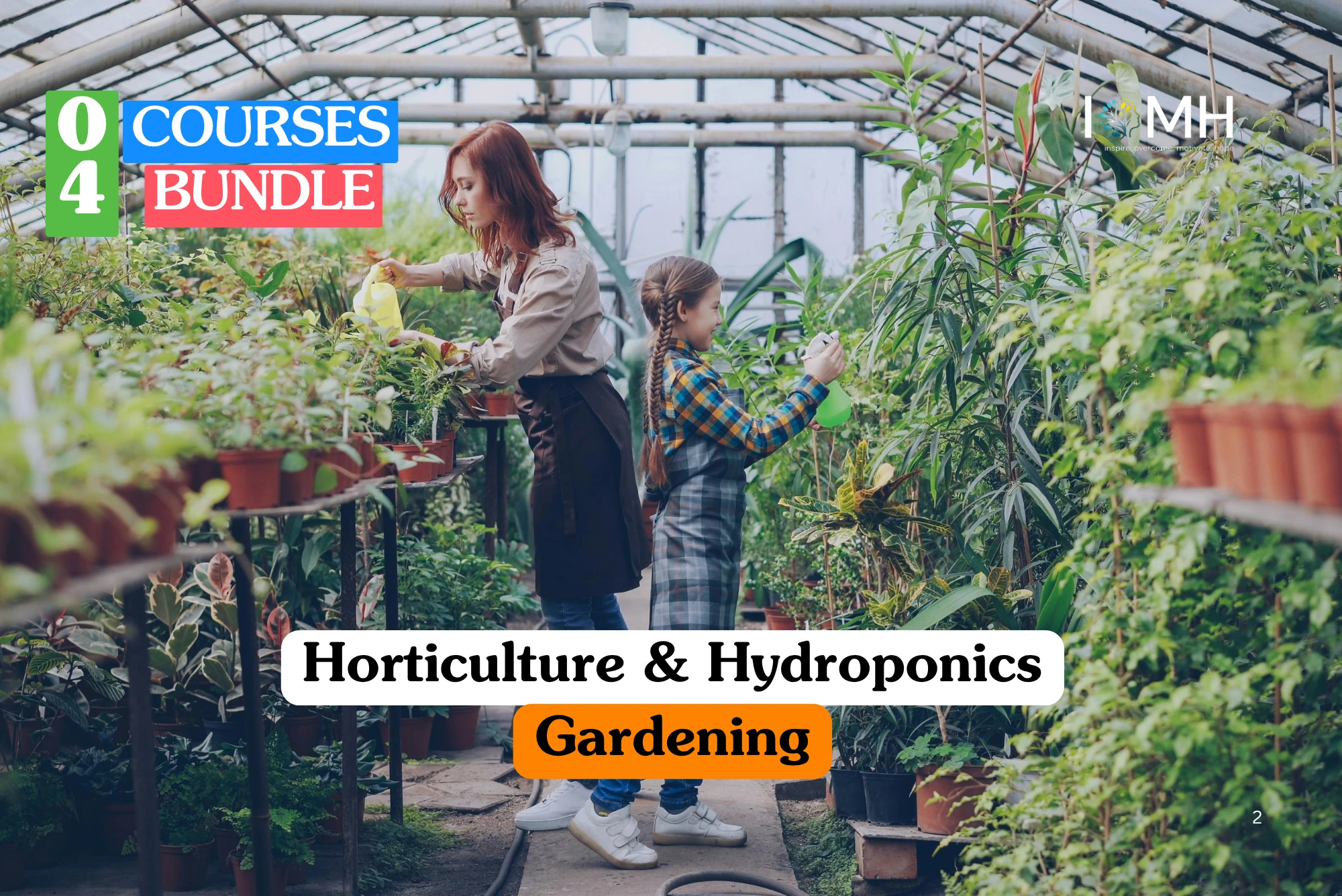 Theoretical botanical science and sustainable cultivation training banner featuring two individuals—an adult woman and a young girl—attentively watering and misting diverse green plants within a large, sunlit glass greenhouse.