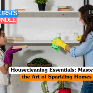 Housecleaning training banner featuring a woman and a young girl wearing protective rubber gloves while cleaning a white bookshelf, demonstrating home maintenance and organization skills.