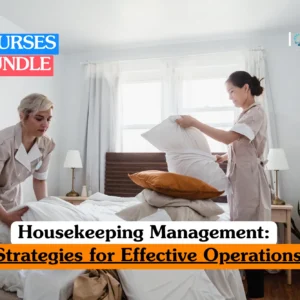 Theoretical hospitality management and service operations training banner featuring two housekeeping professionals in tan uniforms diligently making a bed in a bright, modern hotel suite.