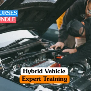 Theoretical automotive engineering and green technology training banner featuring a professional mechanic in a black uniform working on the complex internal components and electrical wiring of a modern hybrid vehicle's engine bay in a clean, well-lit workshop.