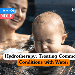 Hydrotherapy training banner featuring a person’s hands gently supporting another individual's legs in a clear blue therapy pool, demonstrating aquatic rehabilitation techniques and water-based treatment.